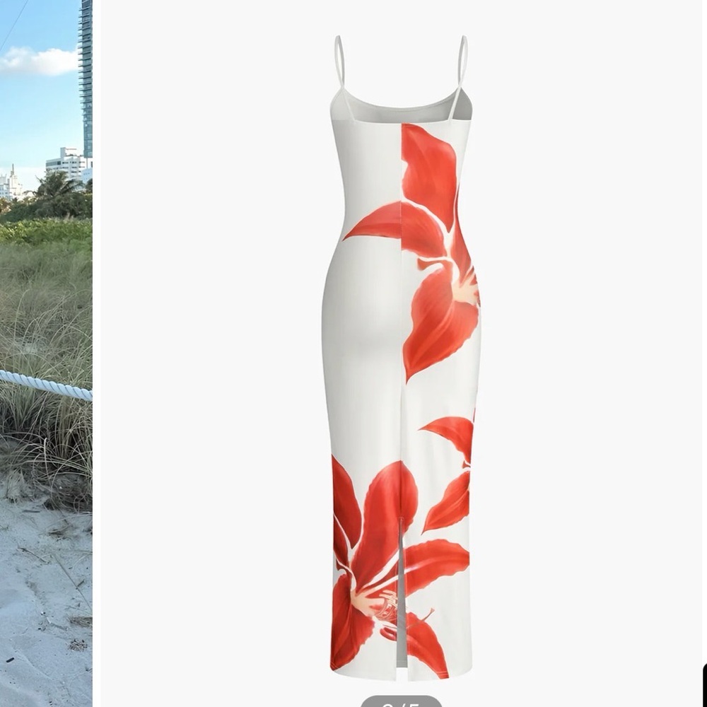 Commense White Maxi Dress with Bold Red Floral Design - Picture 2 of 7
